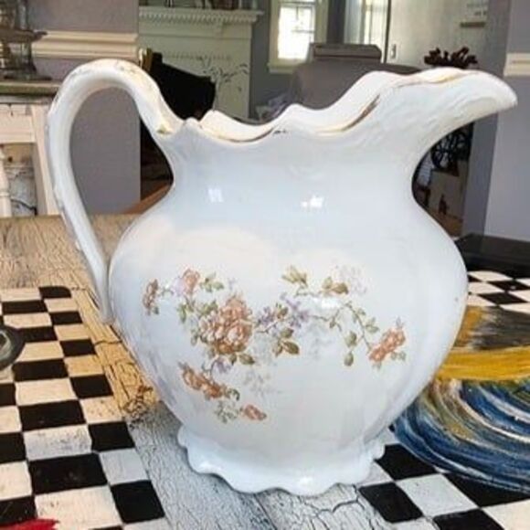 Antique K.T.&K. Co. Semi-Vitreous Porcelain Pitcher Floral Pattern Gold Trim - Picture 3 of 7